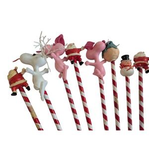 Vtg Pencils Christmas Candy Cane Decorations Lot‎ 8 Santa Reindeer Snoopy
